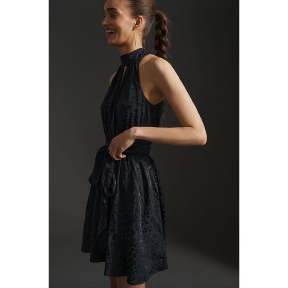 Anthropologie Dresses & Skirts - Anthropologie Black Halter Dress Tie Waist‎ Jacquard Open Back Fit Flare